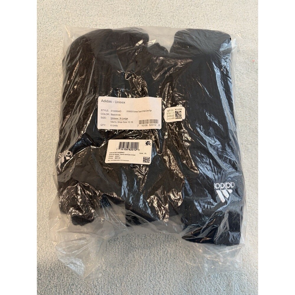 Adidas Team 6 Pack Crew Socks Black White XL Mens Shoe 12-16 New Sealed